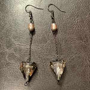 ❤️5/$15 Smoky Crystal Heart and Pearls Handcrafted Chain Earrings